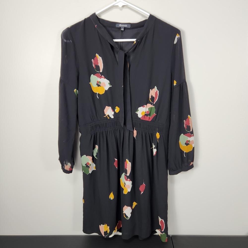 Madewell Dress Womens sz 2 Black Floral Fit Flare Tie Front‎ Neck